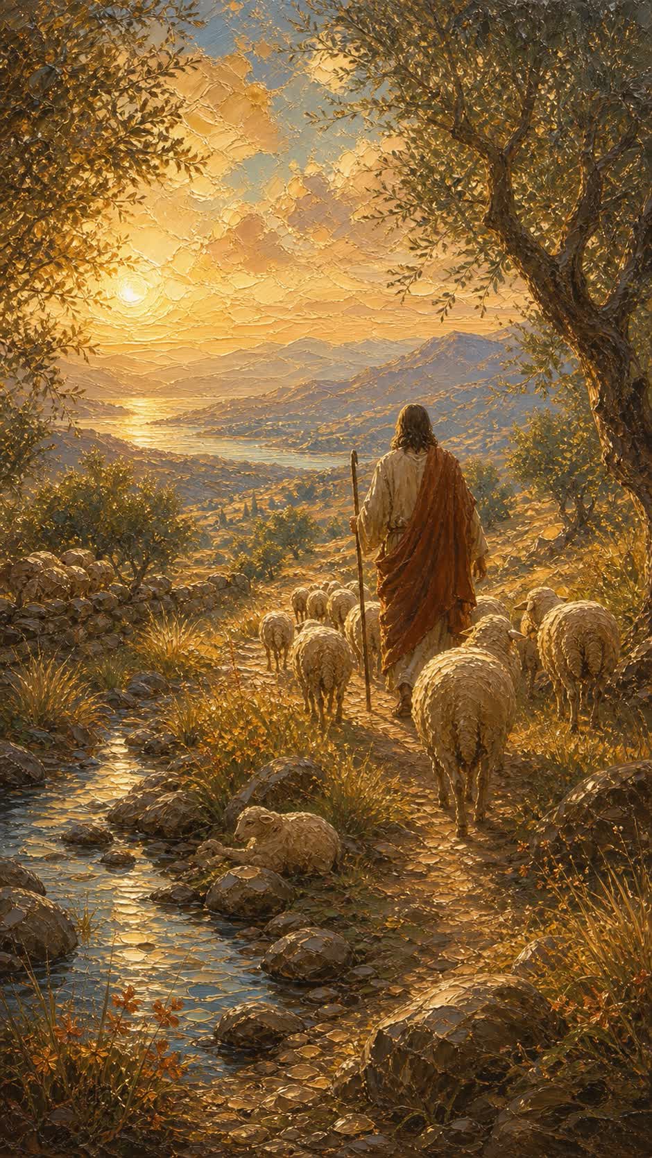 Pintura a óleo: o bom pastor com o rebanho, ao pôr do sol