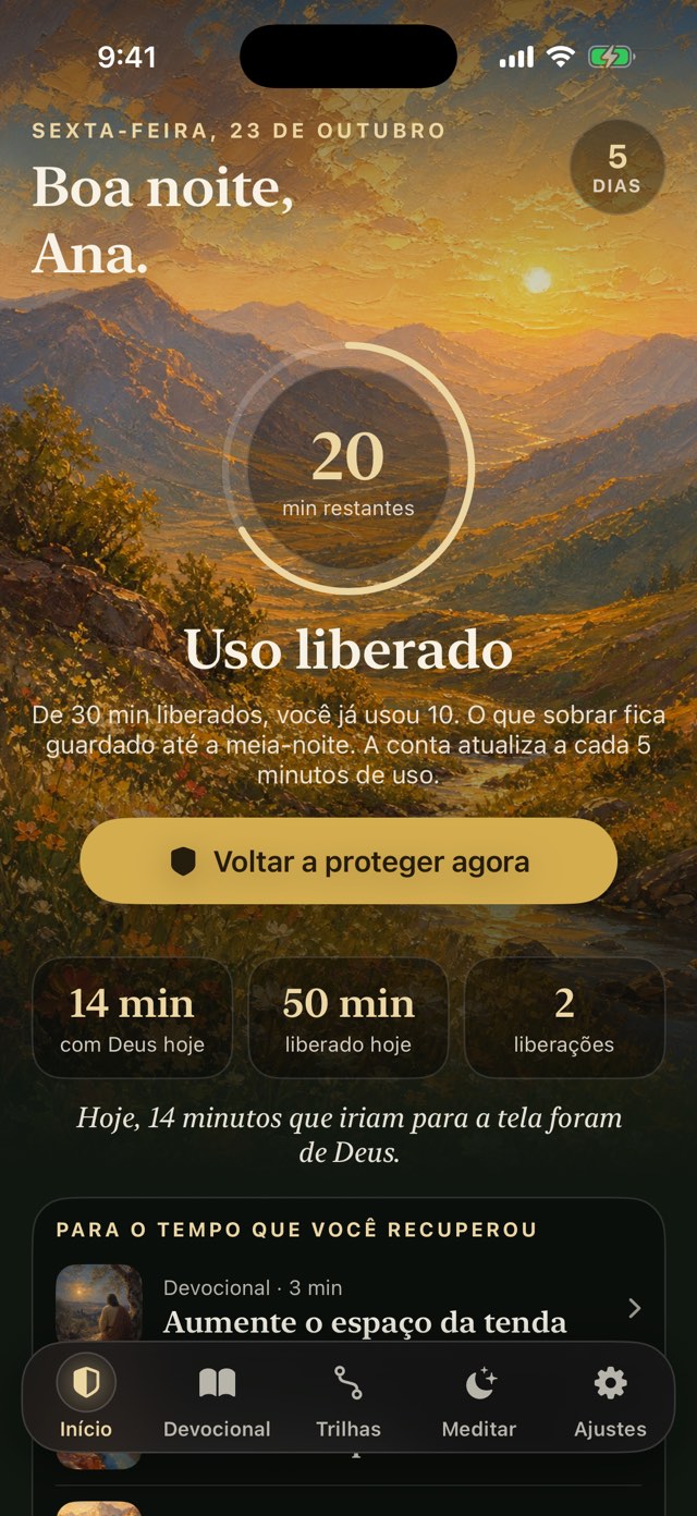 Tela Início com o uso liberado: 20 minutos restantes de 30
