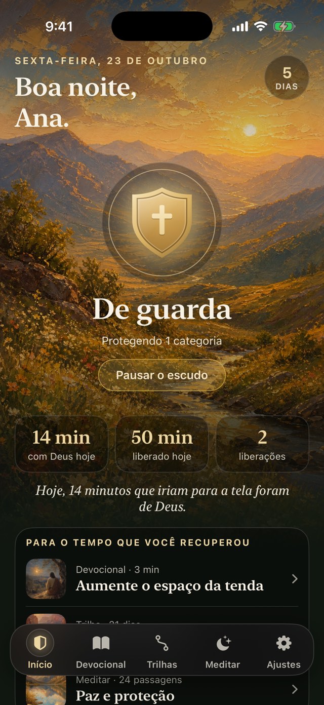 Tela Início do app: o escudo de guarda e o tempo que você entregou a Deus hoje