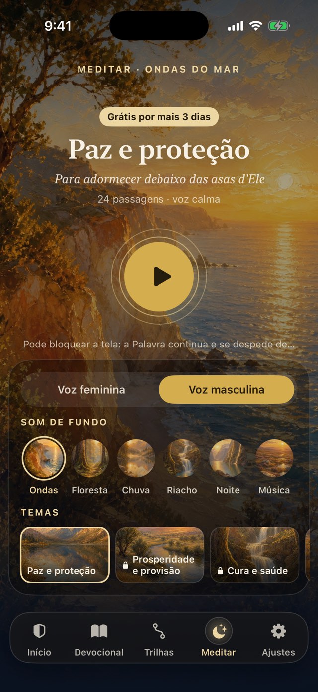 Aba Meditar: o tema Paz e proteção sobre a pintura do mar, com a escolha de voz e de som de fundo